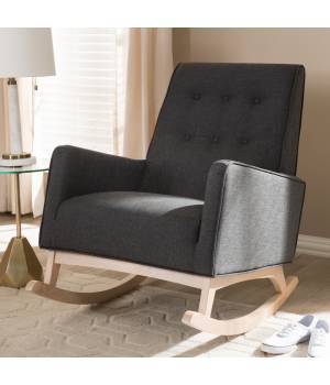 Baxton Studio Marlena Mid-Century Modern Dark Grey Fabric Upholstered Whitewash Wood Rocking Chair - BBT5308-Dark Grey RC