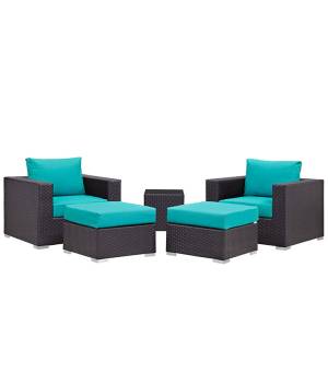 Convene 5 Piece Outdoor Patio Sectional Set in Espresso Turquoise - East End Imports EEI-2201-EXP-TRQ-SET